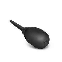 Side-angle view of black silicone anal douche showing one-way valve detail on bulb