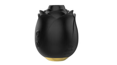 Side angle of black silicone rose clitoral stimulator showing brand engraving and gold accent base