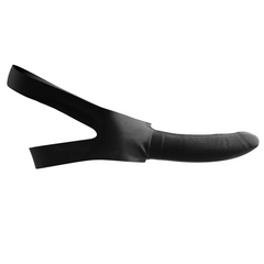 Side-angle close-up of black strap-on face harness showing Y-shaped band and dildo attachment