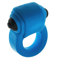 Side angle of blue REVRING showing textured vibe housing and control button