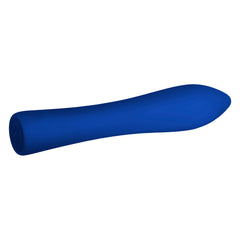 Side angle of blue silicone vibrator showing subtle curve and ridged base detail