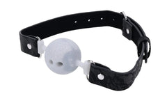 Side angle of breathable silicone ball gag showing lace PU strap texture and silver buckle detail