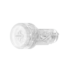 Side angle of clear Crystal stroker showing star-shaped entry opening and ribbed outer casing