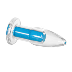 Side angle of clear plug revealing cylindrical blue motor core inside transparent shell