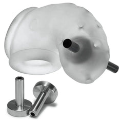 Side angle of clear silicone chastity cage with integrated ring base and two removable stainless contact pins