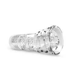 Side angle of clear stroker revealing internal suction chambers and dot texture