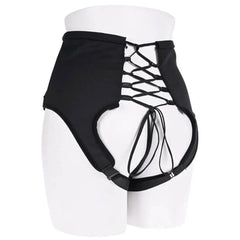 Side angle showing corset-style lace-up detail on black high-waisted harness