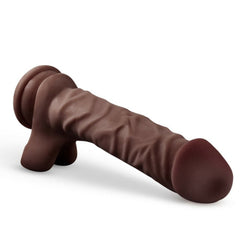 Side-angle view of The DJ realistic dildo showing textured shaft detail and dual-density suction base