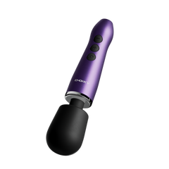 Side angle of Doxy Go purple wand showing flexible black silicone massage head and chrome collar