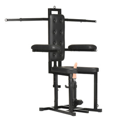 Side-angle view of Enforcer Chair showing tufted back, padded armrests, and adjustable steel frame