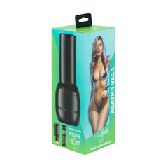Side angle of FeelAgatha Vega stroker box showing compatible black case and Keon device icons