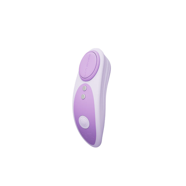 Side angle of Ferri Reserve lavender wearable vibrator showing control buttons and curved body shape
