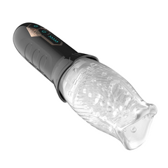 Side angle of the Gawk Gawk masturbator showing open clear TPE sleeve and black handle