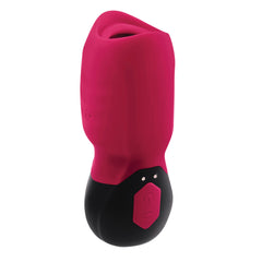 Side angle of Gender-X Body Kisses showing ribbed silicone sleeve and oval control button