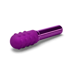 Side angle of Grand Bullet vibrator showing textured silicone sleeve on metallic purple handle