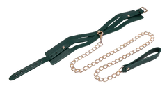 Side angle of green leather collar and gold chain leash highlighting buckle closure and snap clasp