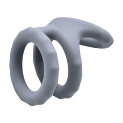 Side angle of grey silicone triple cage highlighting the curved perineum support extension