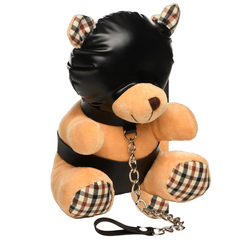 Side angle of hooded teddy bear plush with silver chain leash and plaid accent fabric