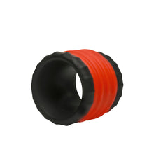 Side angle of Jock red ribbed ring nested inside black outer ring, combined configuration
