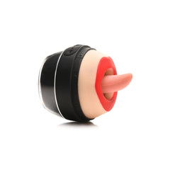 Side angle of Lady Licker showing realistic mouth insert, red lips, and control buttons on black housing