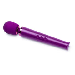 Side angle of Le Wand Petite showing three control buttons on purple silicone-head wand handle