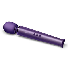 Side angle of Le Wand purple wand massager highlighting three-button control panel on metallic handle