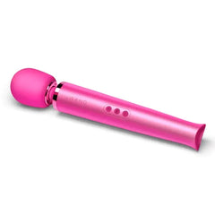 Side angle of magenta Le Wand wand massager showing three control buttons on handle