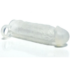 Side angle of the Meaty Cock Extender highlighting the stretchy clear silicone and shaped tip