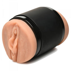 Side angle of Mistress Double Shot showing realistic vaginal opening within compact black housing