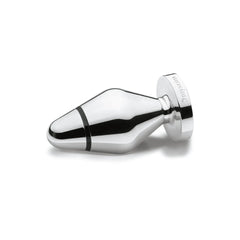 Side-angle view of Mystim Roundplug L showing tapered tip and dual black silicone rings