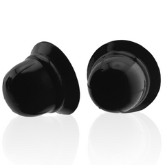 Side angle of Nano Nips black liquid silicone nipple suckers showing rounded dome and flexible rim