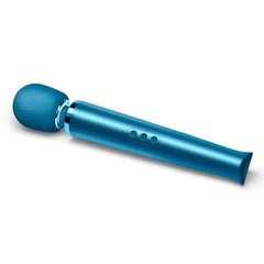 Side angle view of Pacific Blue Le Wand massager showing three-button control panel detail