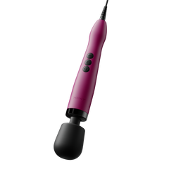 Side angle of pink plug-in wand massager highlighting ergonomic handle curve and cord
