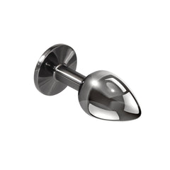 Side angle of Playboy Tux Small gunmetal butt plug showing tapered tip and flared base