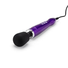 Close-up side angle of purple Die Cast wand massager showing corded base and flexible black head