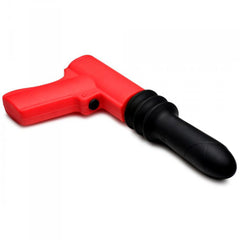Close-up side angle of red pistol-grip handle and ribbed black silicone shaft against white background