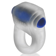Side angle of REVRING showing textured top sleeve, blue vibe tip, and flexible clear ring