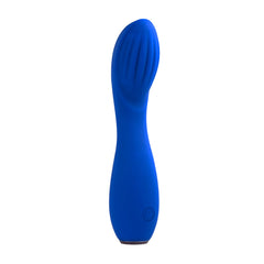 Side angle of Sapphire G vibrator showing angled ribbed head and slim waisted handle