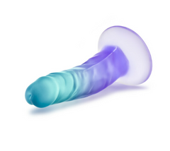 Side-angle view of sapphire gradient dildo showing flexible shaft and wide suction cup base