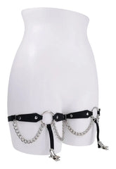 Side angle of Sex & Mischief garters on mannequin highlighting chain length and clip placement