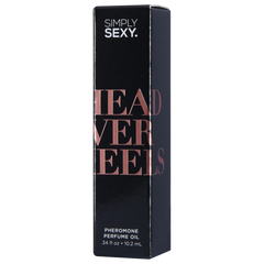 Side angle of Simply Sexy Head Over Heels black rectangular box showing product name in rose-gold text