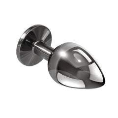 Side angle of single gunmetal metal butt plug showing tapered shape and flared base