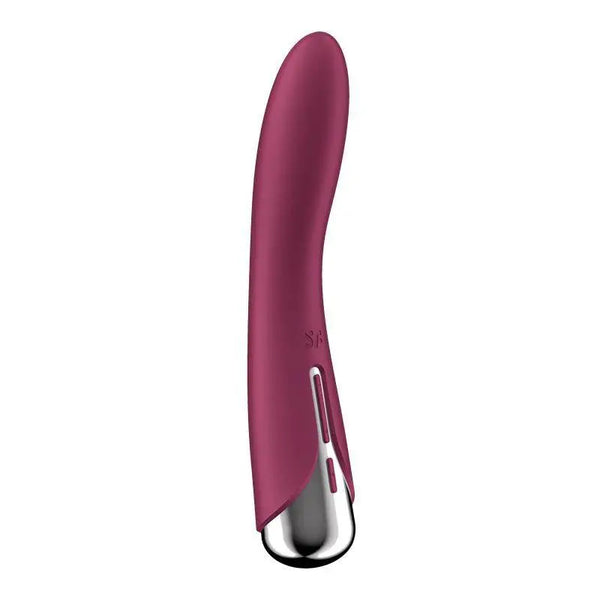 Side angle of Spinning Vibe 1 red vibrator highlighting ergonomic G-spot curve and controls