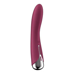 Side angle of Spinning Vibe 1 red vibrator highlighting ergonomic G-spot curve and controls
