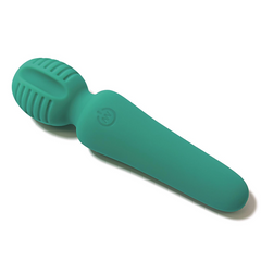 Side angle of teal mini wand massager highlighting textured ribbed head and soft-touch silicone body