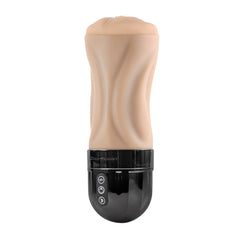 Side angle of Tight Lipped stroker displaying three-button control panel on black base