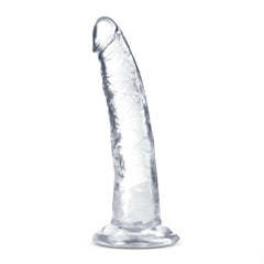 Side angle view of transparent realistic dildo showing curved shaft and suction cup base