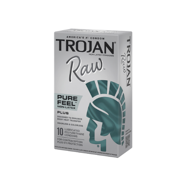 Side-angled view of Trojan Raw Pure Feel 10-pack box showing teal Spartan helmet graphic detail