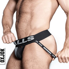 Side and back angle of Oxballs Swagger Jock showing branded leg straps and mesh pouch detail