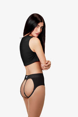 Side-back on-body view showing open-back cutout and crossover strap detailing